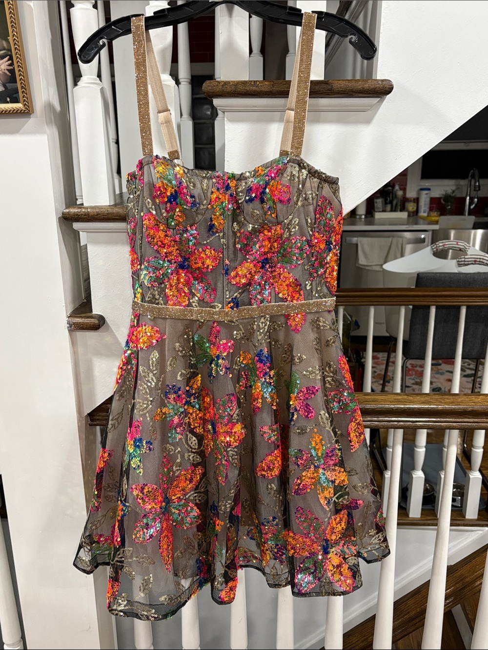 Bronx and Banco Brown Mini Dress with Multicolor Sequin Floral Embroidery